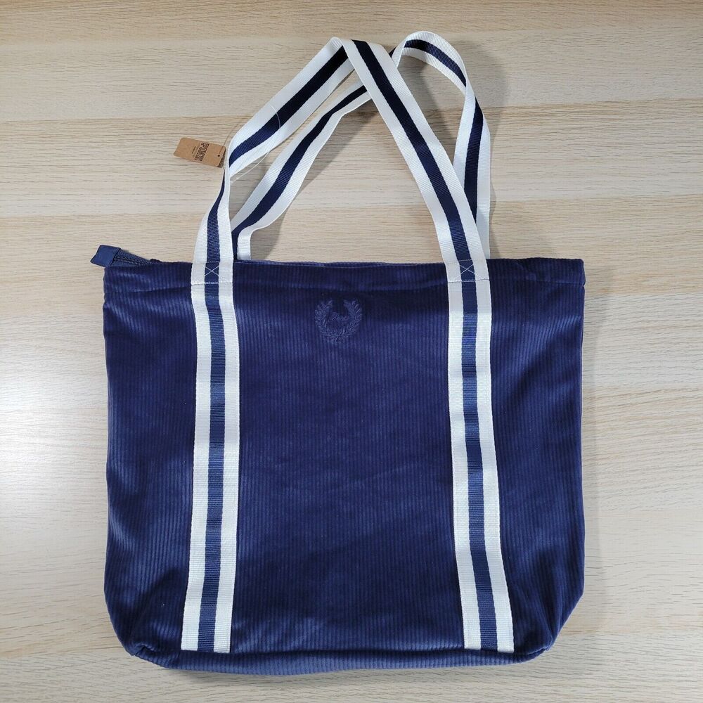 Victoria's Secret Blue Bag Ribbed Velour Tote Zip Top Closure Double Handle Tote